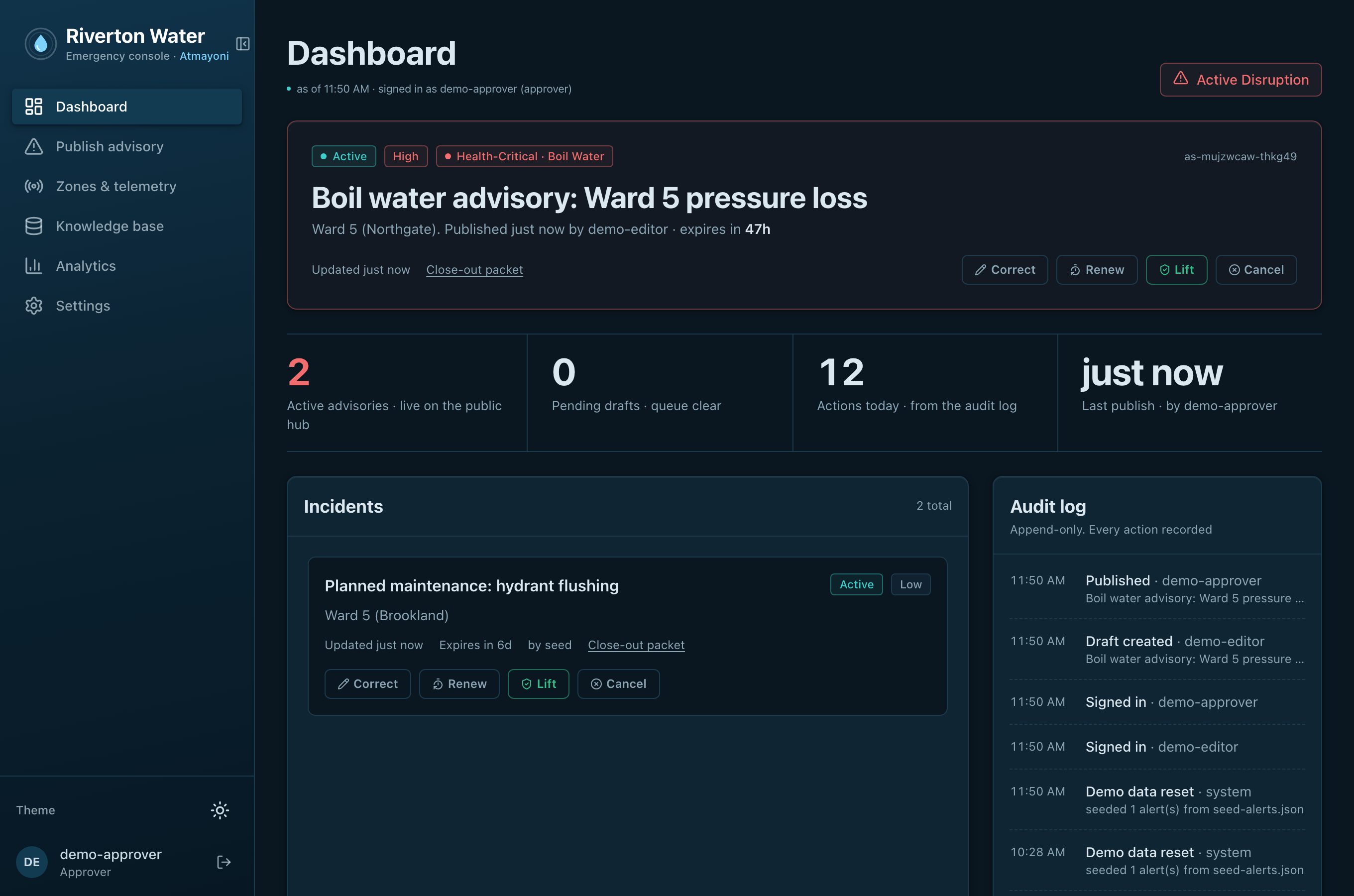 The emergency console with an active boil-water advisory and the append-only audit log
