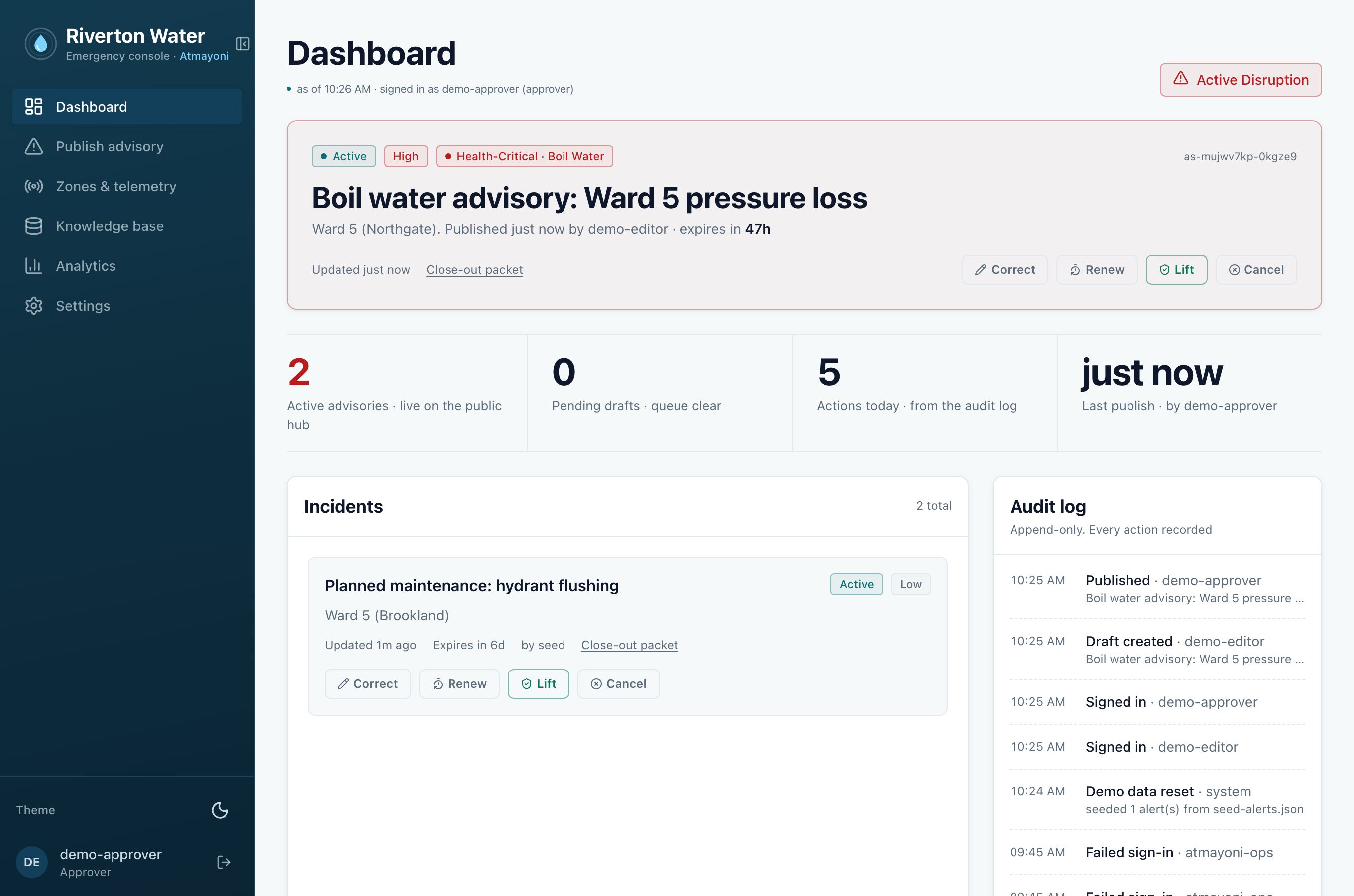 The emergency console with an active boil-water advisory and the append-only audit log