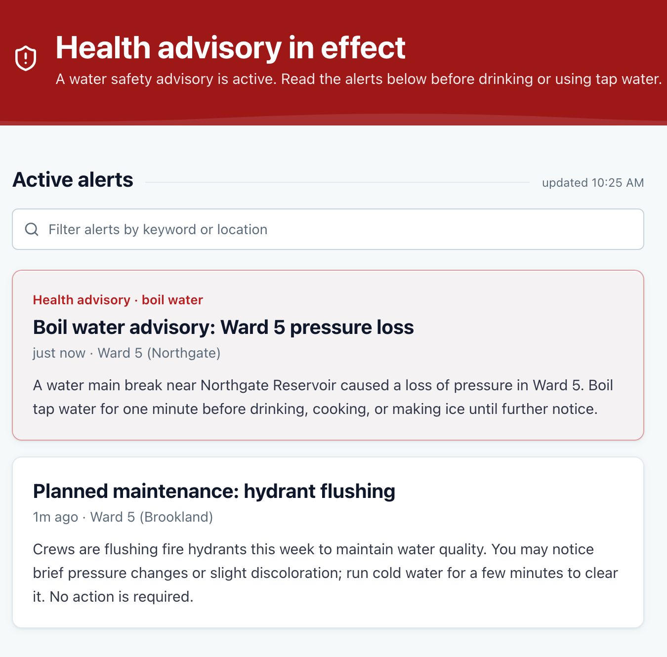 The public status page during a boil-water advisory